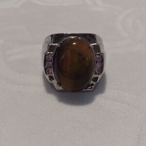 Tiger's Eye Oval Stone Statement Ring - Silver Tone